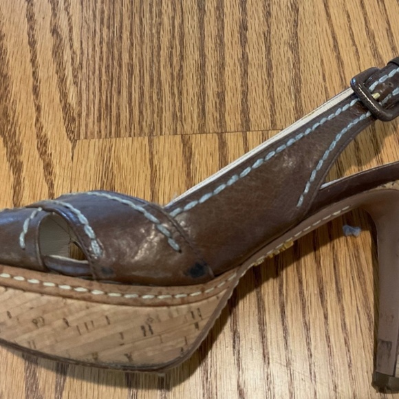 Prada Brown Leather Cork Wedge Sandals Size 36.5 (6 1/2) - Slingback Peep Toe - Picture 4 of 16